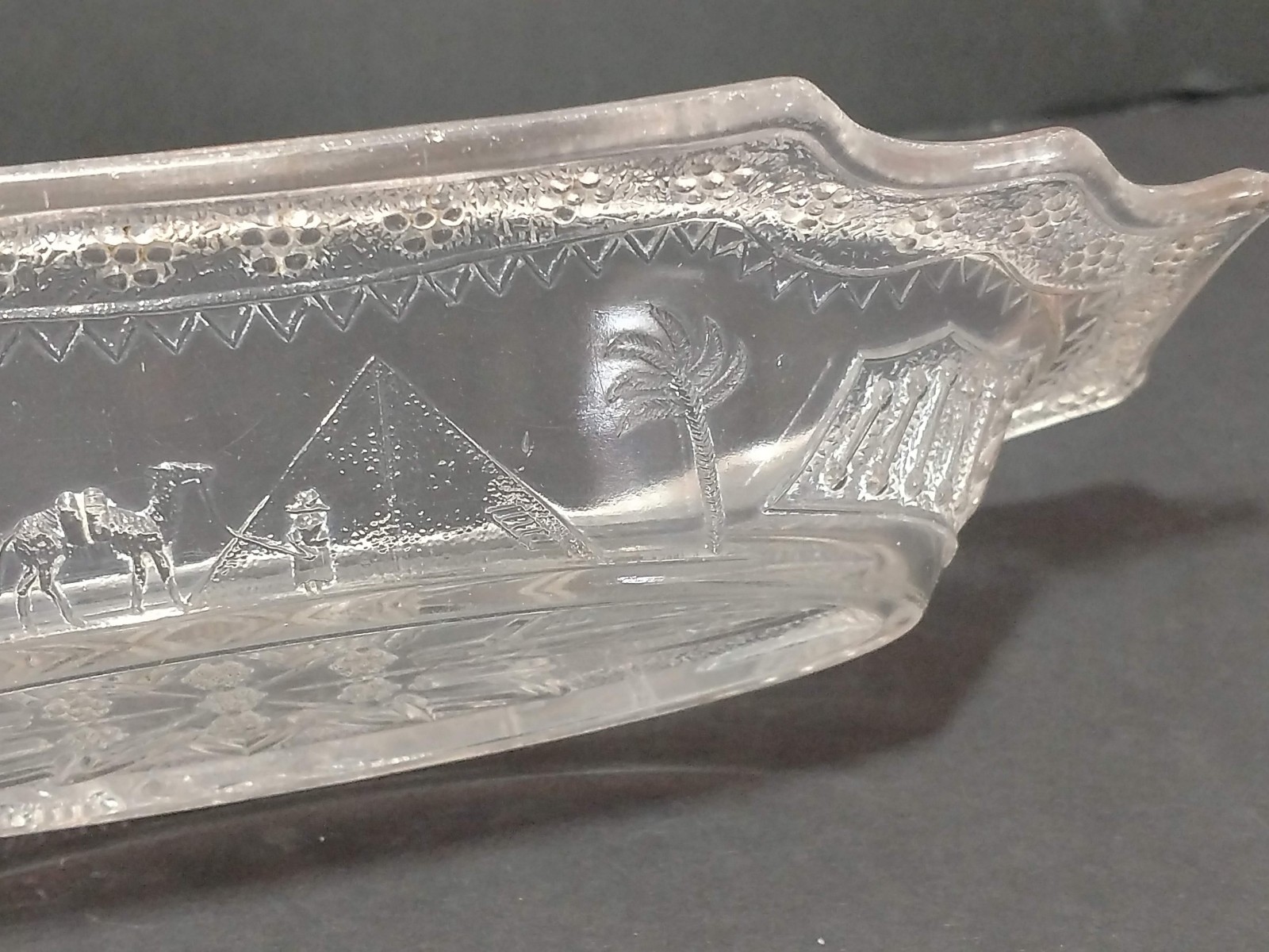Antique Adams & Company Clear Glass Egyptian Parthenon Pattern Oblong Shape 1884