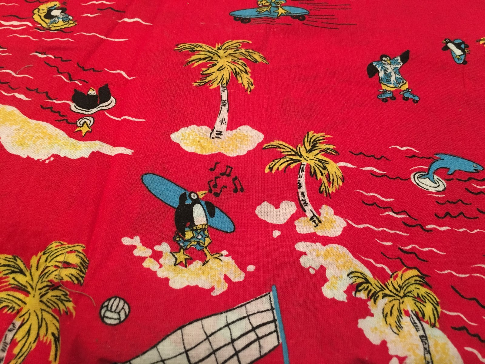 Vintage Novelty Fabric Penguin  Beach Surfing Skateboarding  Hawaiian 4 yards