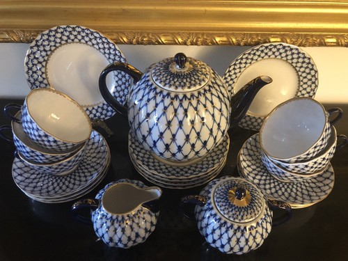 New Russian Imperial Lomonosov Porcelain Tea Set 6/21 Cobalt Net