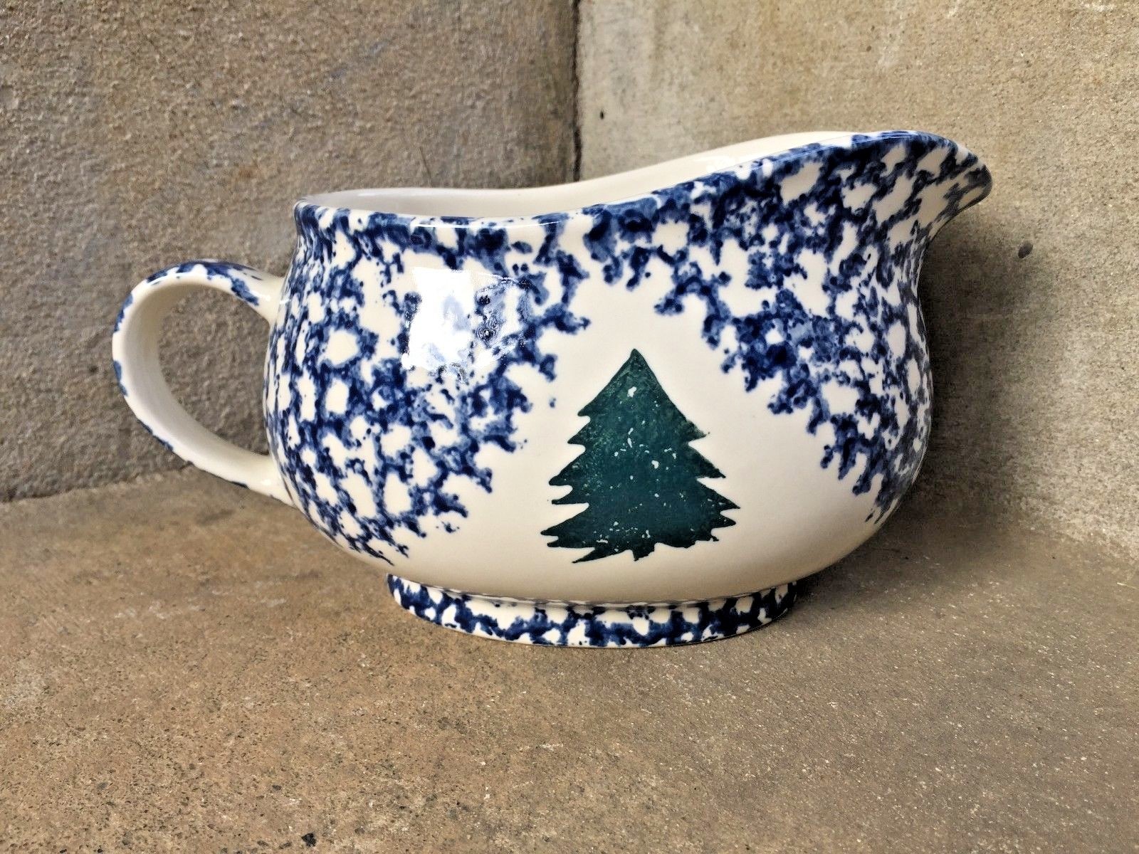 Folk Craft Cabin in the Snow Tienshan Christmas Holiday Gravy Boat Blue Speckle