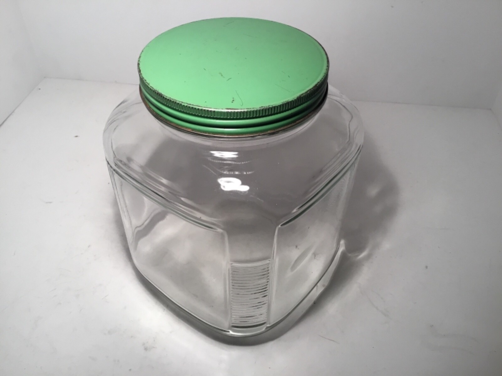 Vintage Large Glass Square Jar Ribbed Corners Gallon Green Lid Canister