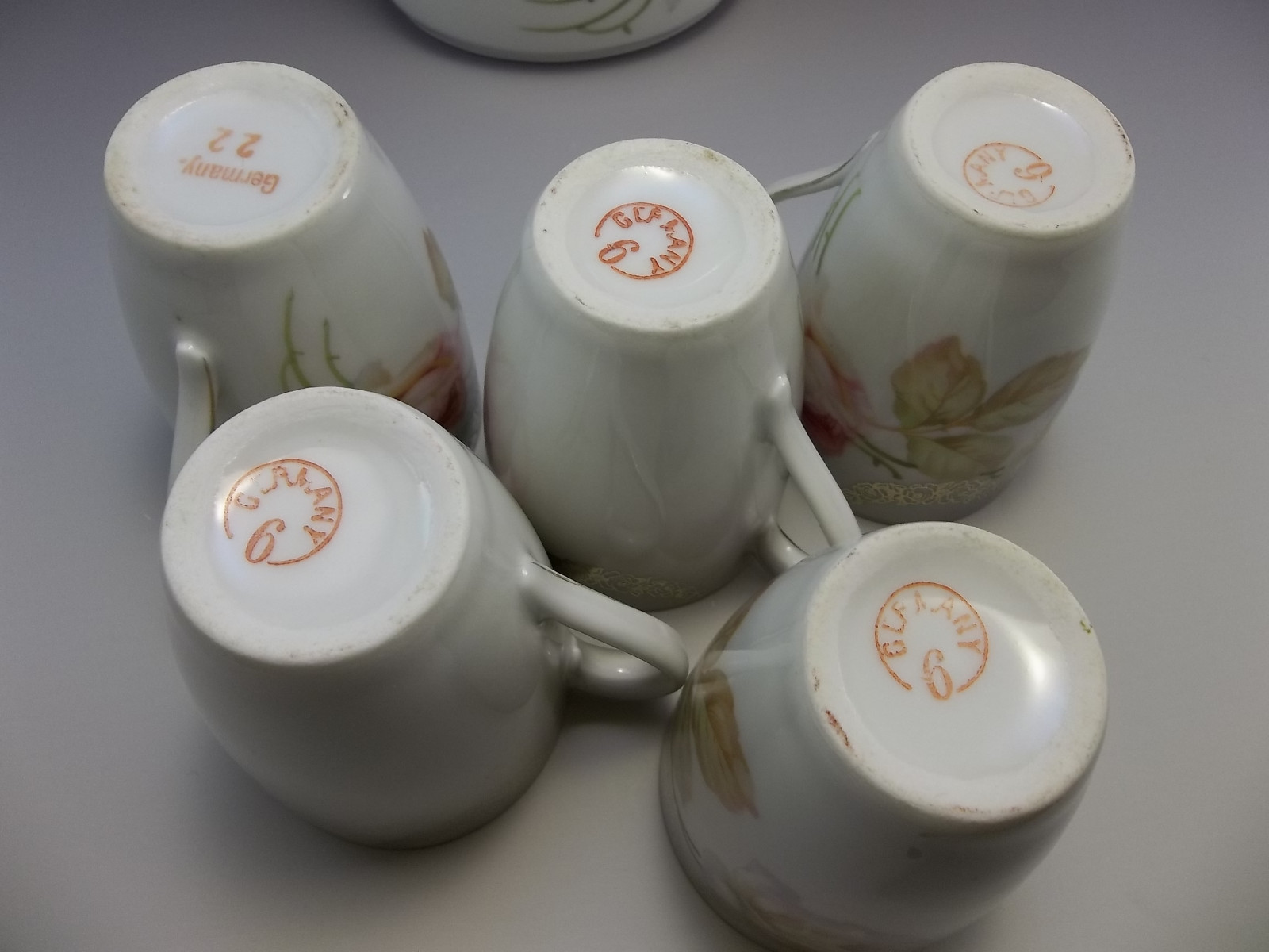 Antique Vessra German Chocolate Pot Cups Pink Roses Porcelain