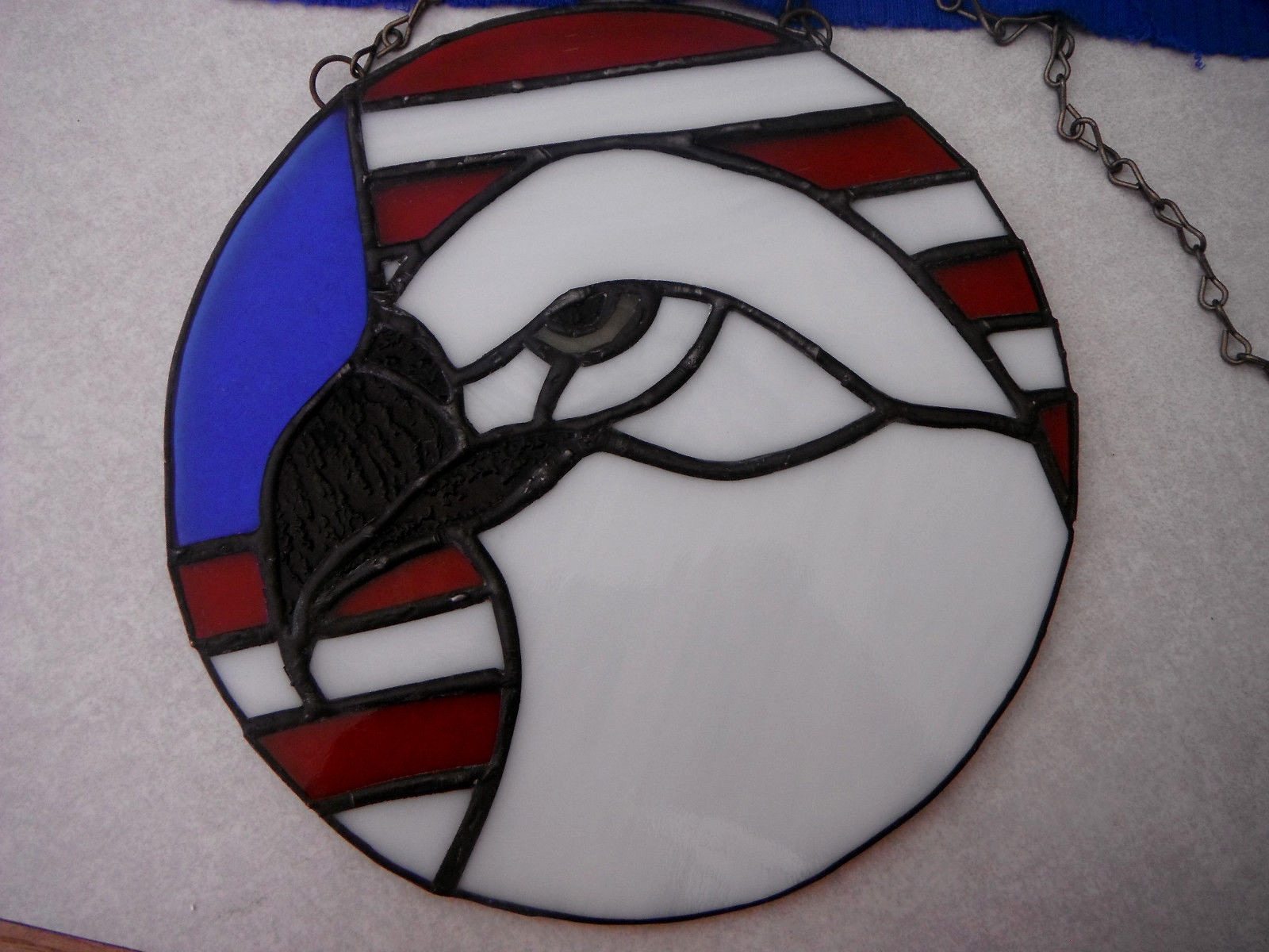 Vintage Hand Made STAINED GLASS Bald EAGLE & Patriotic US Flag SUN CATCHER