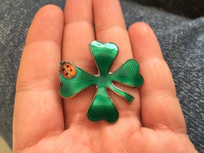 vintage David Andersen enamel silver pin pendant - ladybug shamrock - Norway