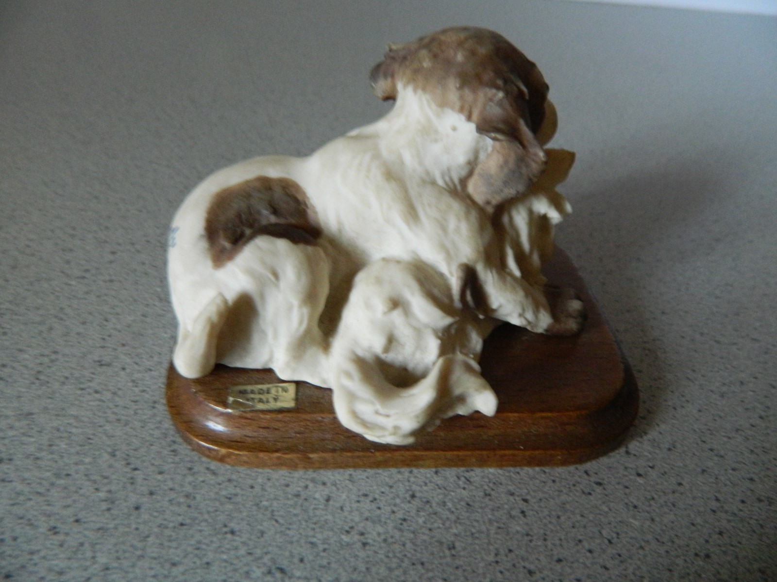 Capodimonte Dog and Cat Ceramic Figurine with Wooden Base