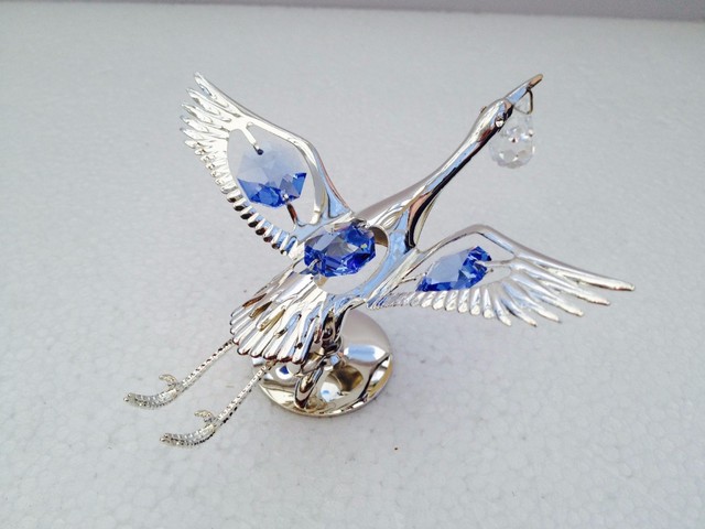 Christening Silver Plated Stork Blue Crystals For Boy