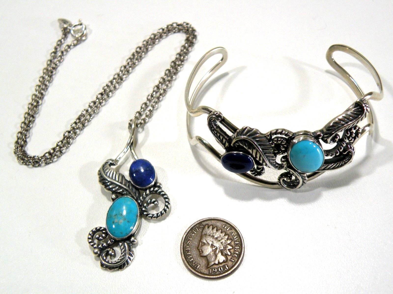 Carolyn Pollack Relios Sterling Turquoise Lapis Cuff Bracelet & Necklace Set 17