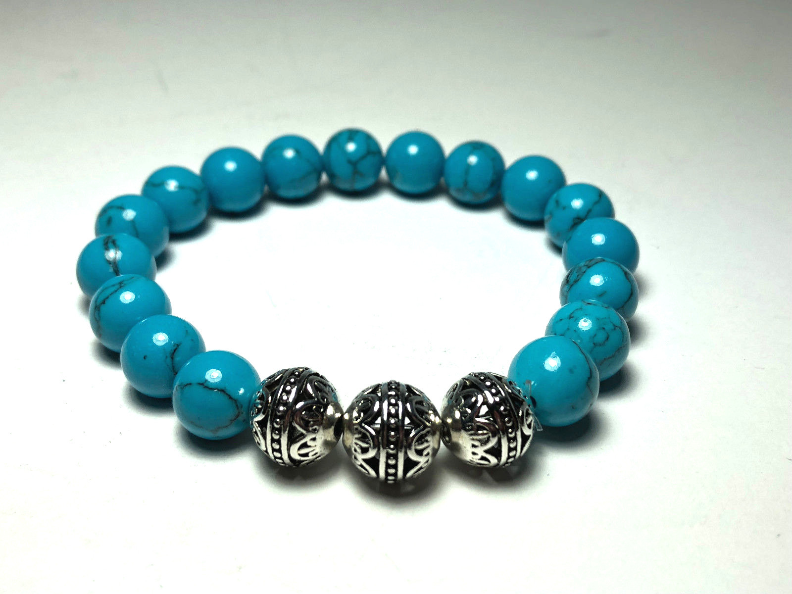 Handmade 10mm Unisex Turquoise Gemstone & .925 Silver Bali Bead Bracelet