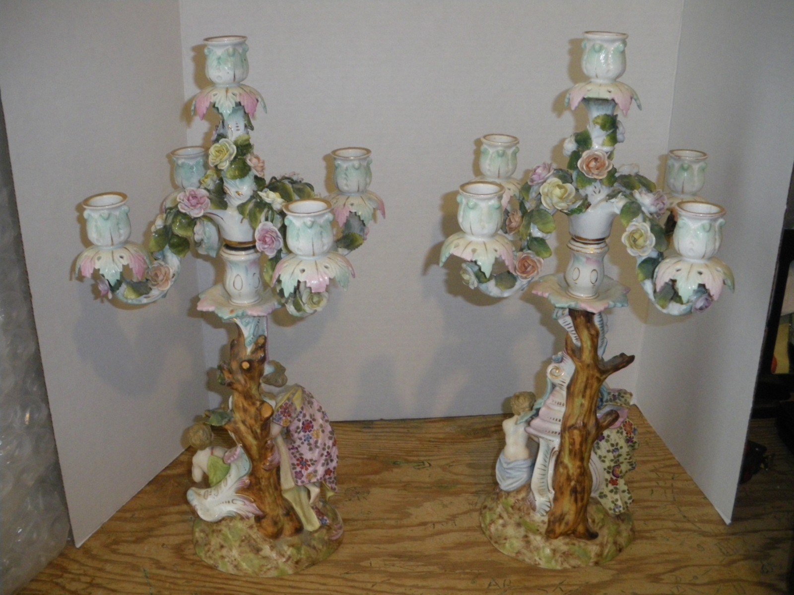Pair Meissen Antique Porcelain Figural 5 arm - 2 part Candleholders Candlesticks