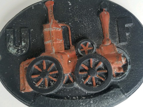 Vintage Cast Iron UF United Firefighter Insurance Steam Fire Engine Plaque Sign