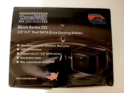 CineRAID USB 3.0 Dual SATA Drive Docking Station Model: 232 New in Box