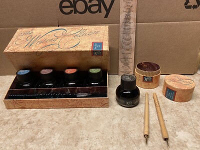 A M Calligraphy Gift Sets -1 Blown Glass Pen-5 Full Bottles Of Ink-2 Wooden Pens