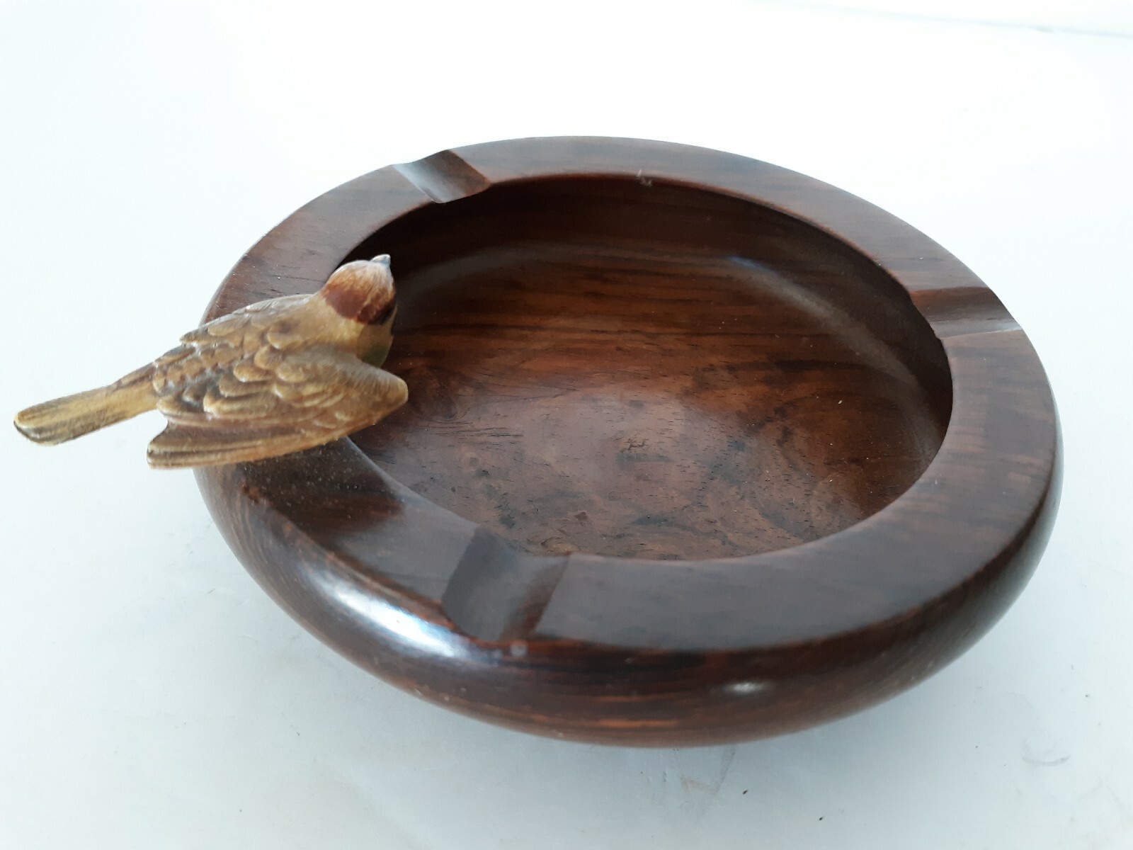 Vintage Teak Wood Ashtray Round w/ bird perched on Side MCM 4.75