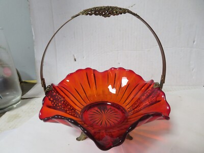 Vtg Imperial Ruby Red Glass fluted Bowl. Brass Base & Handle Basket Dish 3x7W