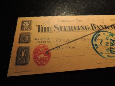 STERLING BANK OF CANADA LARGE CHEQUE CHECK GODERICH ONTARIO $12.00 1925 JULY 24