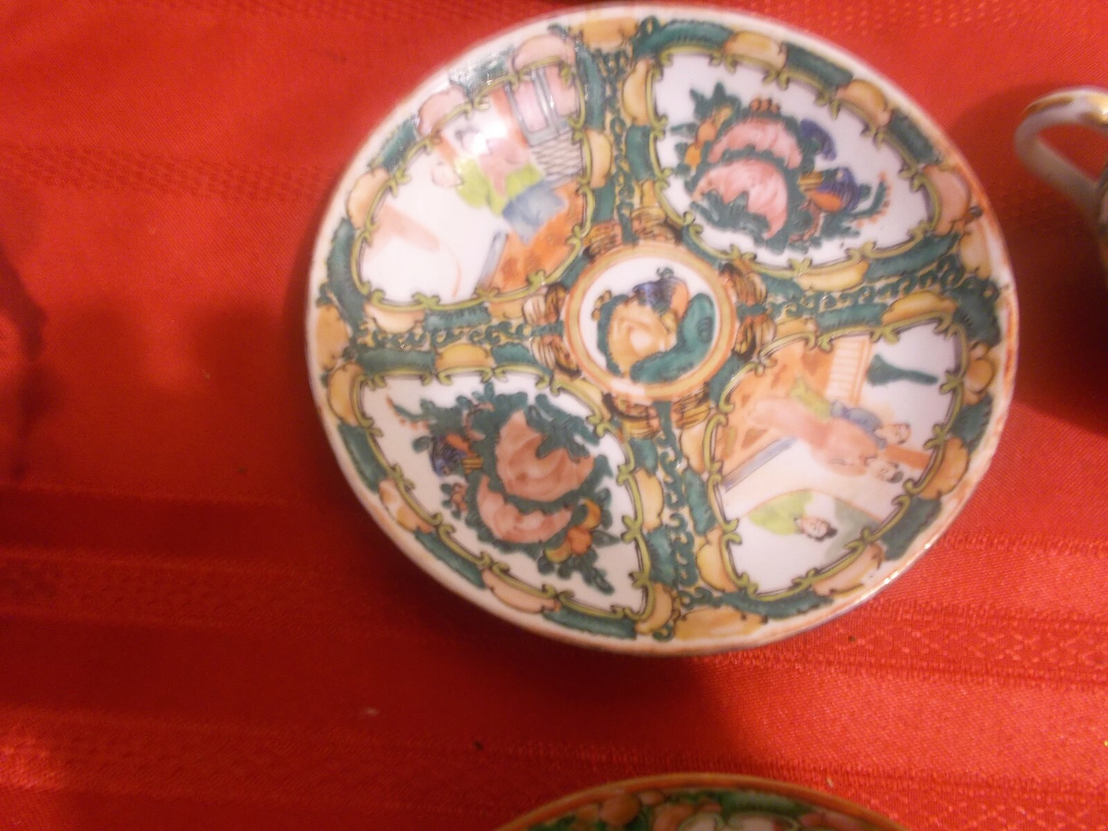 Antique Rose Medallion Cup and Saucer and 2 Saucer Plates