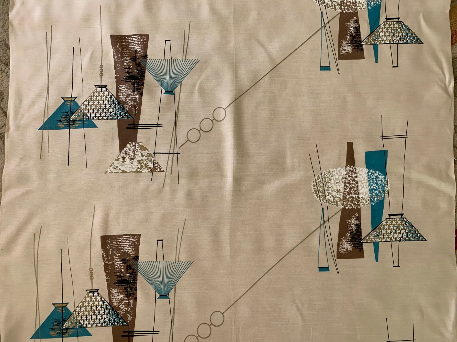 VTG  MCM MID CENTURY ATOMIC GEOMETRIC BARKCLOTH FABRIC CURTAIN BLUE TAN Teal