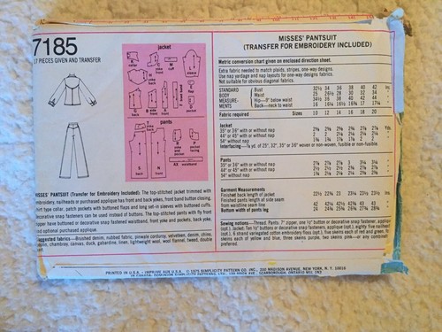 SIMPLICITY SEWING PATTERN #7185, MISSES' PANTSUIT SIZE 12 VINTAGE 1975