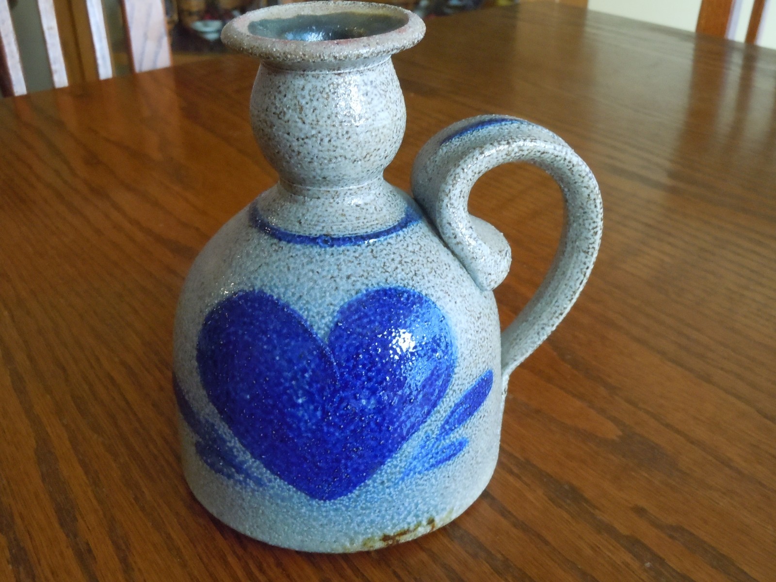 Vtg 1983 Rowe Pottery Works Oil Lamp Salt Glazed Primitive Cobalt Blue Heart