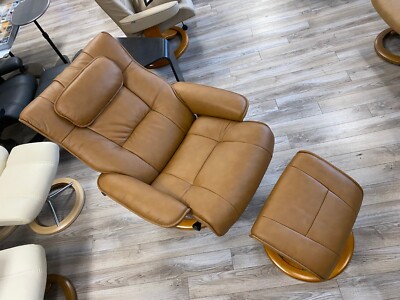 Fjords Regent Large Recliner Chair and Ottoman Astro Line Vintage Cognac Leather