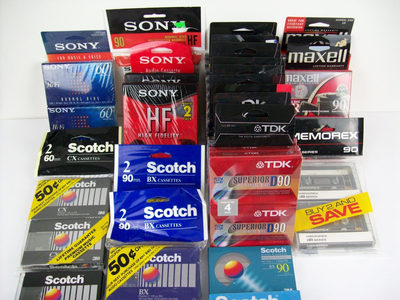 50 Blank Audio Cassette Tape Lot Sony TDK Memorex Maxell 60 90 Minutes  Sealed