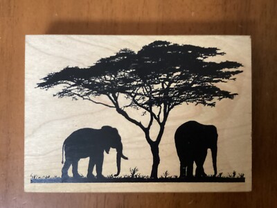 Ink Blocks Wood Mounted Rubber Stamp Bold Elephants and Acai Tree Silhouette