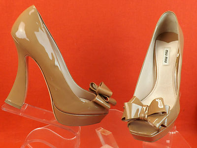 Pre-owned Prada Miu Miu  Caramel Patent Leather Bow Flared Heel Platform Pumps 41 In Nude/caramel