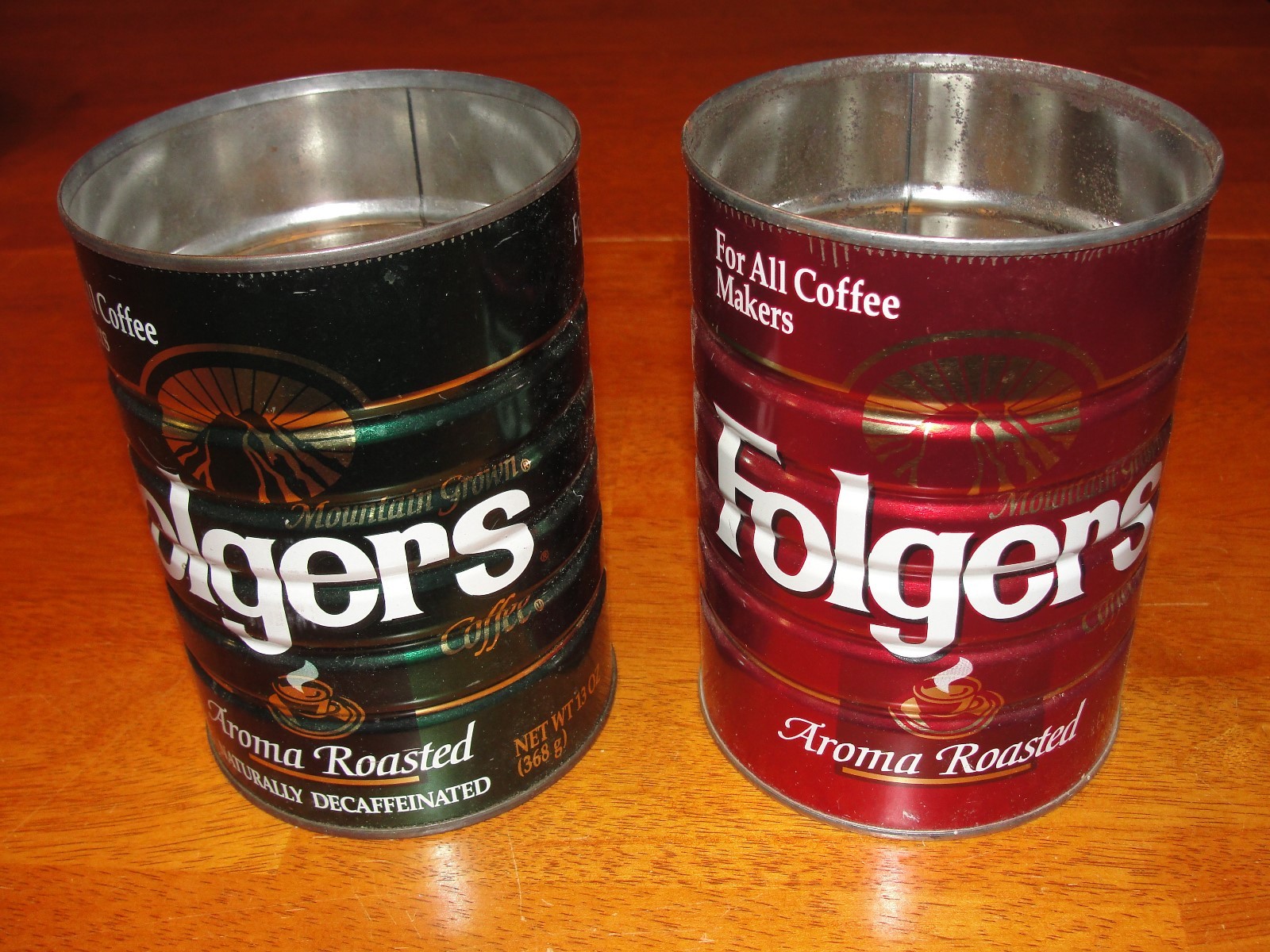 Vintage Lot of 2 Folgers Aroma Roasted Metal 13 oz Coffee Can - Reg & Decaf