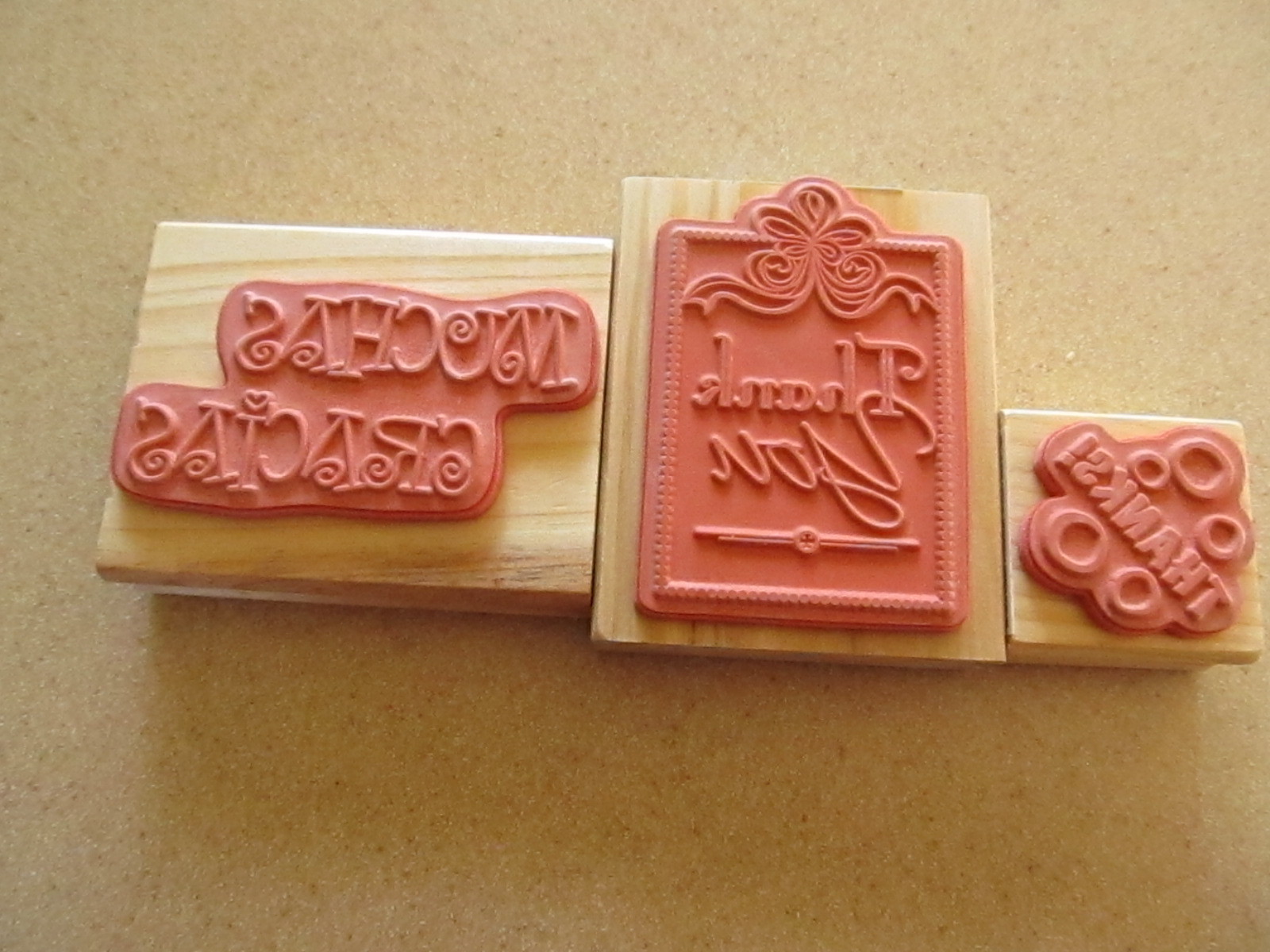 LOT 3 stamps   Wood Rubber  Thank You Thanks Muchas Gracias   NEW