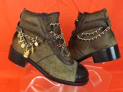 Pre-owned Chanel Brown Gold Charms Chain Black Cap Toe Pony Hair Ankle Boots 39 $2k In Brown/black/gold