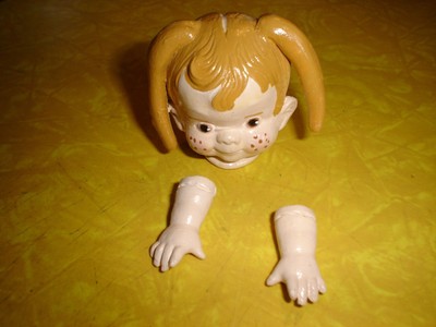 ceramic stained freckled face doll head w/ hands & body pattern
