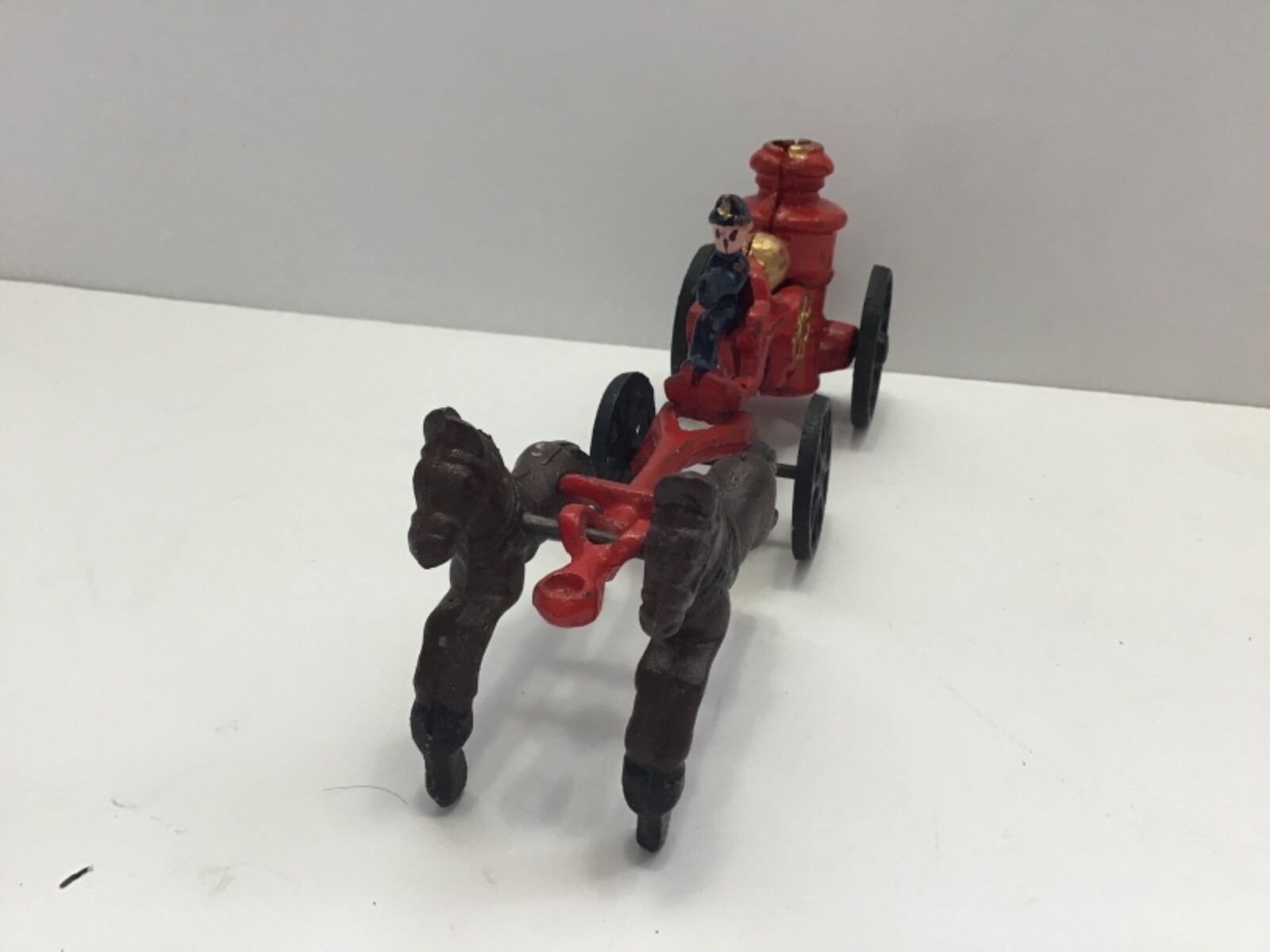 Vintage Cast Iron Fire Wagon Truck Horse Drawn Water Pumper 2 Pc 9” Long