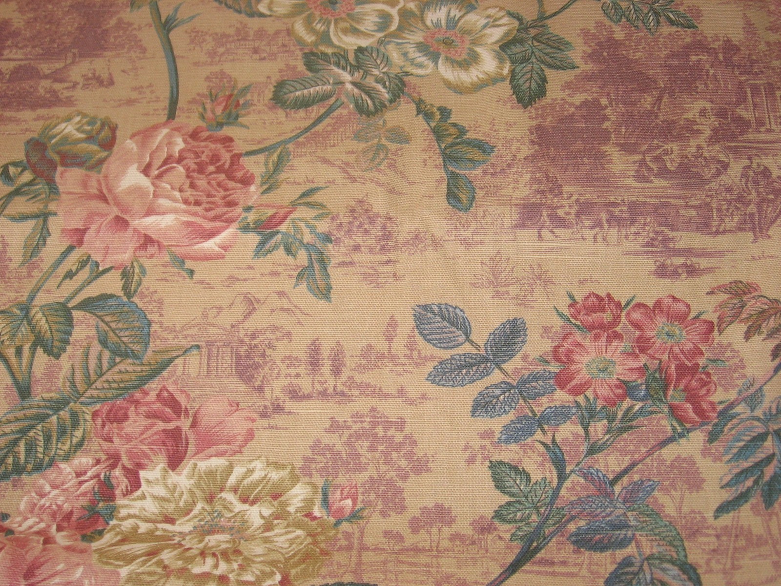 2yds Vtg Di Lewis#166 Victorian Rose Mauve Flower Floral Toile Upholstery Fabric
