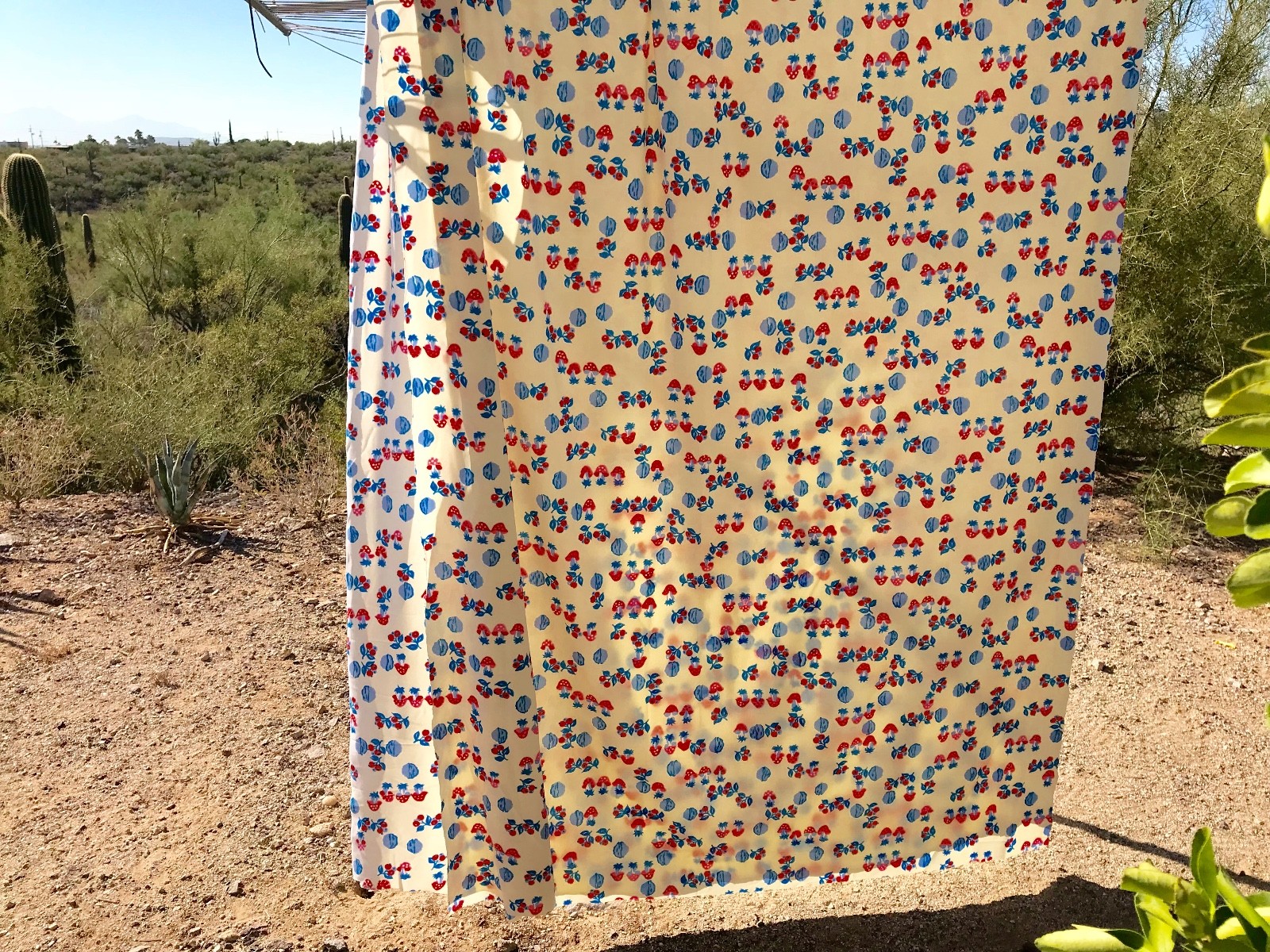 Vintage MUSHROOM FABRIC 60s 70s Almost 4 YARDS Walnut Blue Red White Pink 138x64