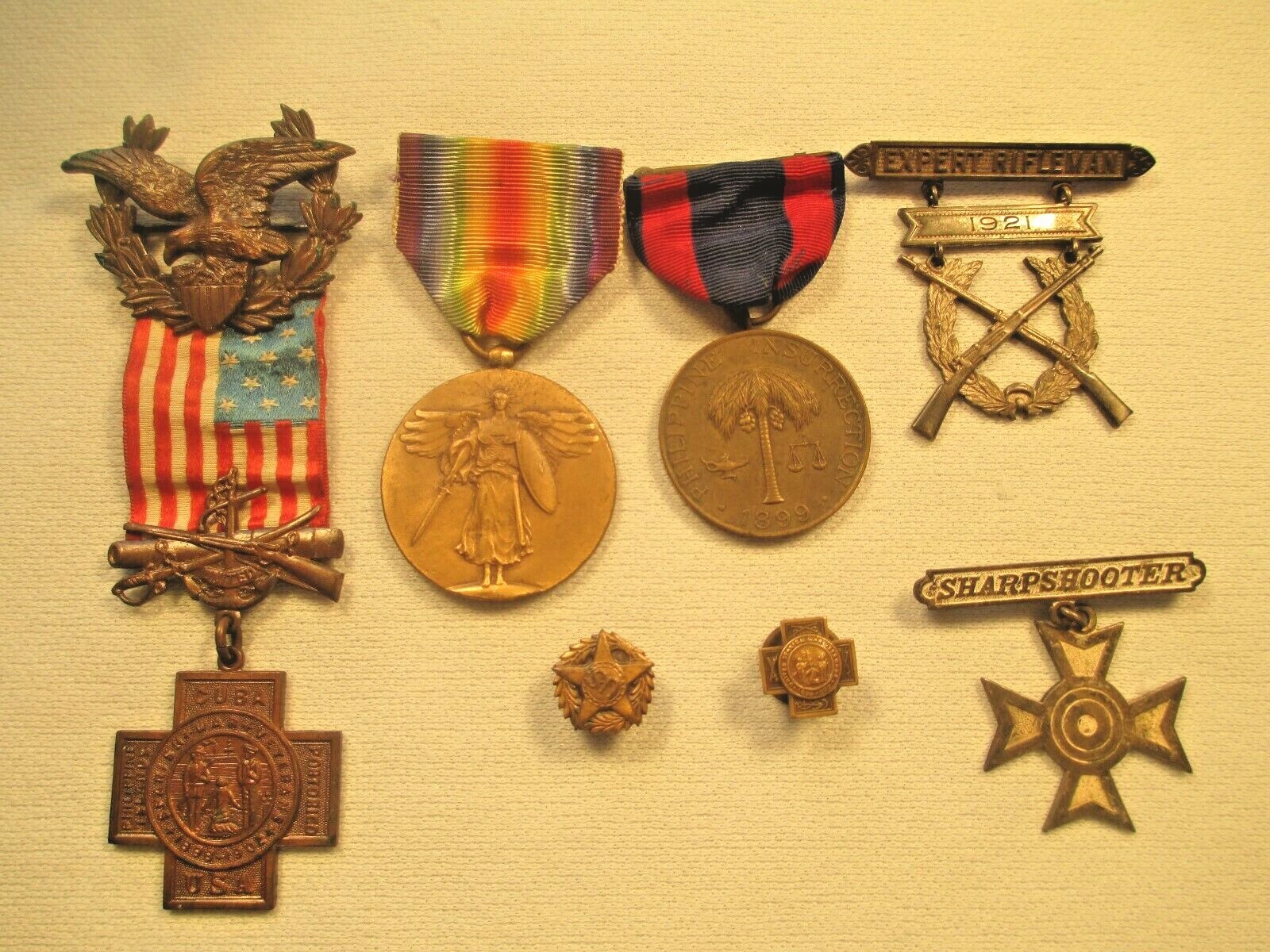 Philippine Camp. Ser. Med., WWI Vic., Span. War Vet. Med., Shooting Badges, + NR