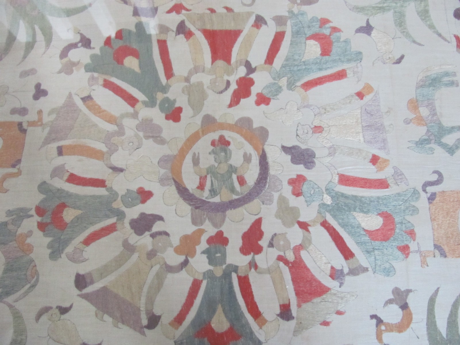 Large Antique Chamba Rumal Silk Embroidery India Krishna Dancing Animal Scene