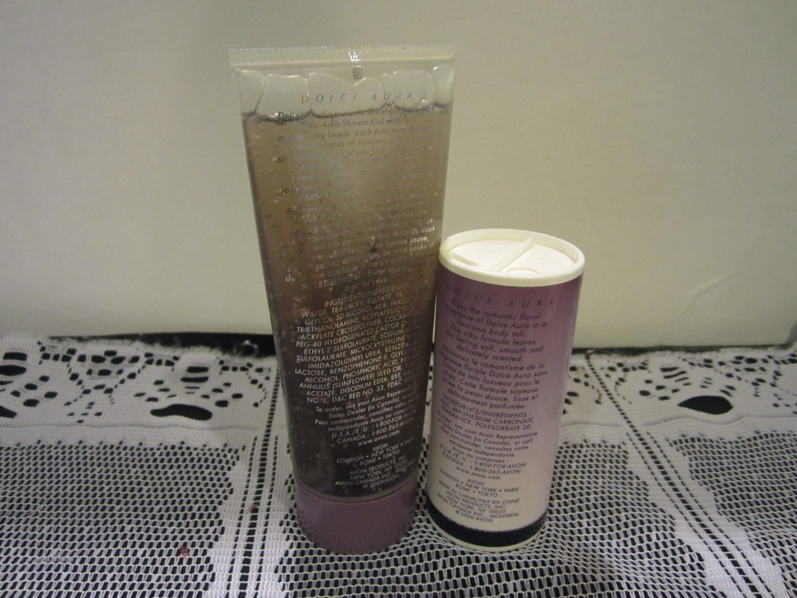 Avon DOLCE AURA  Shower Gel with moisturizing beads 6.7 fl oz & Body Talc 2.6oz