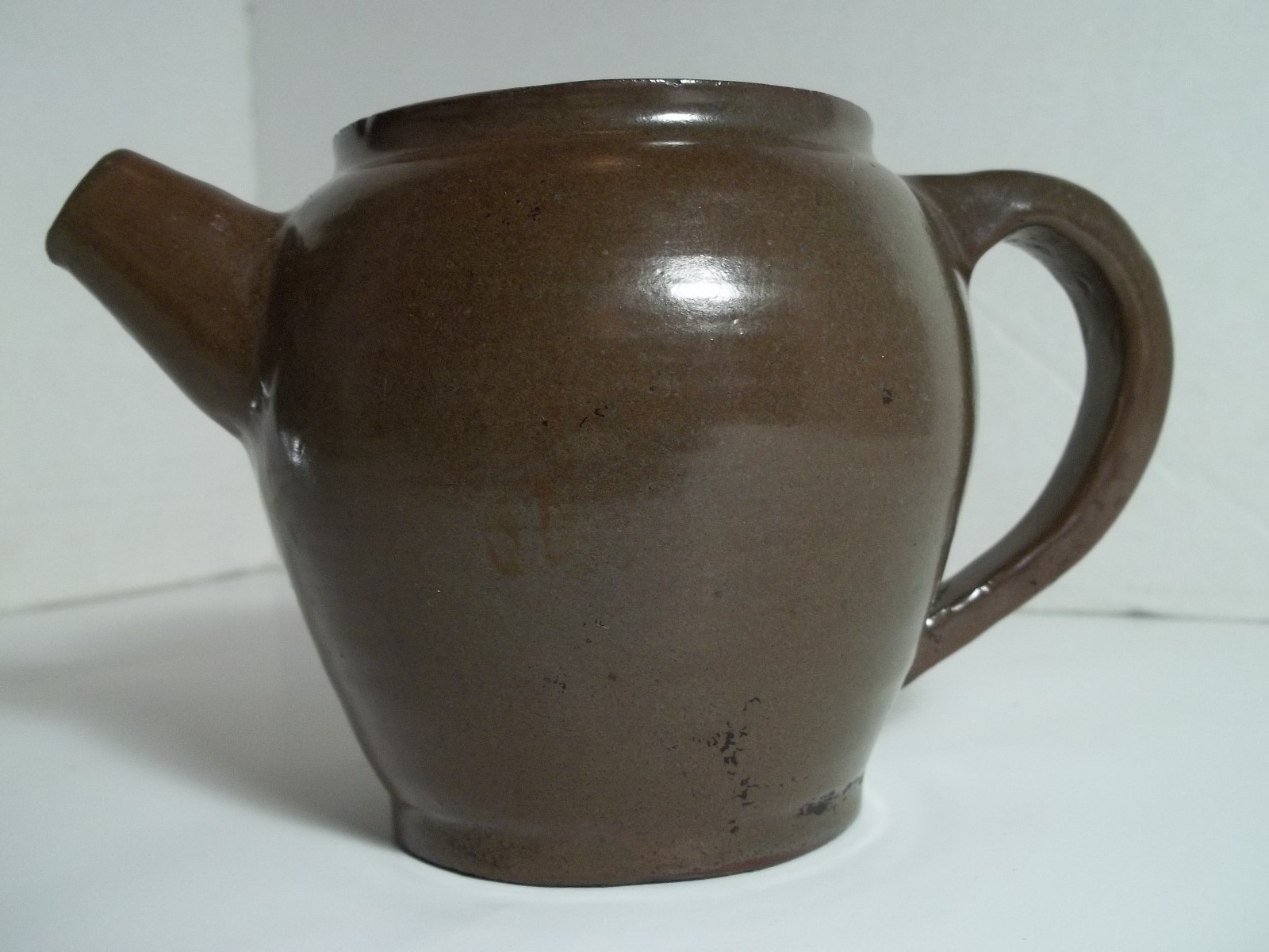 Vtg JH Small Stoneware Teapot Brown & Green Outside Aqua Blue & Copper Inside