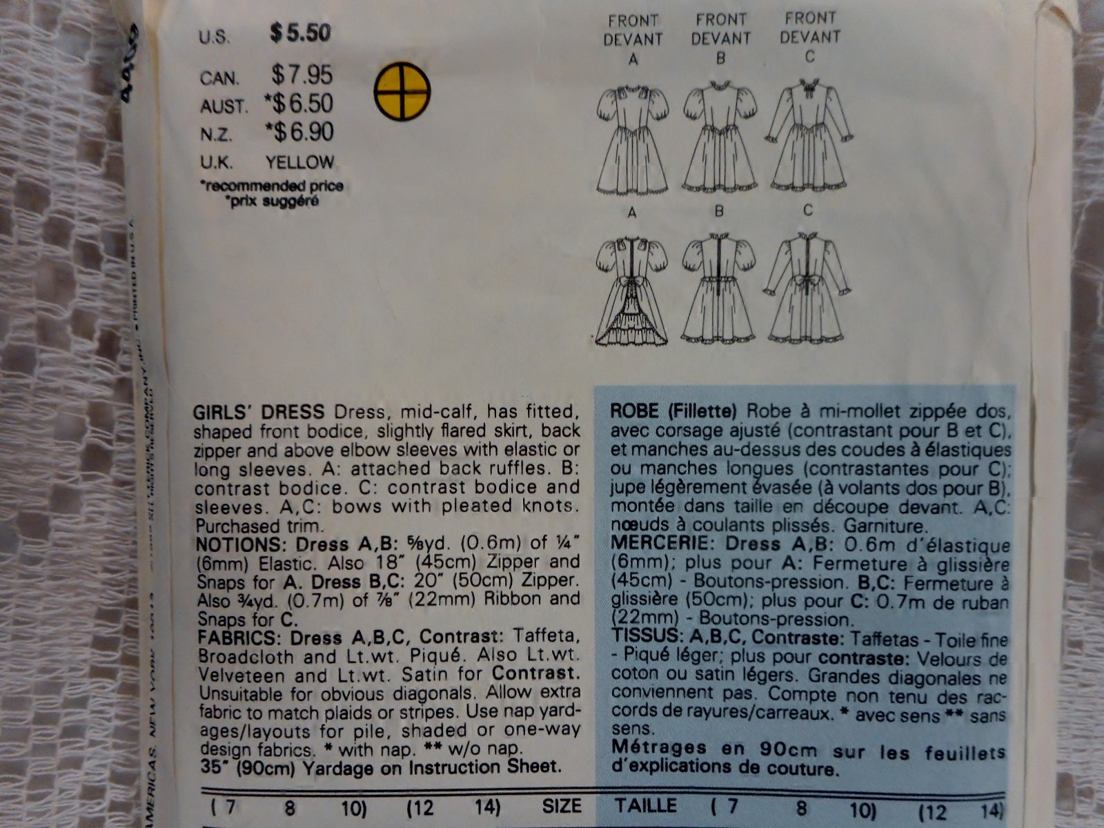 Butterick 4409 Girls size 7-8-10 Dress fitted front Back Ruffles  complete uncut