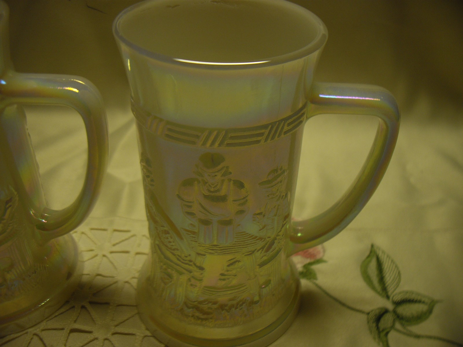 Vintage Federal Glass Iridescent Milk Glass Embossed Steins, Tankards, Beer Mugs