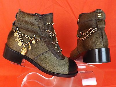 Pre-owned Chanel Brown Gold Charms Chain Black Cap Toe Pony Hair Ankle Boots 39 $2k In Brown/black/gold