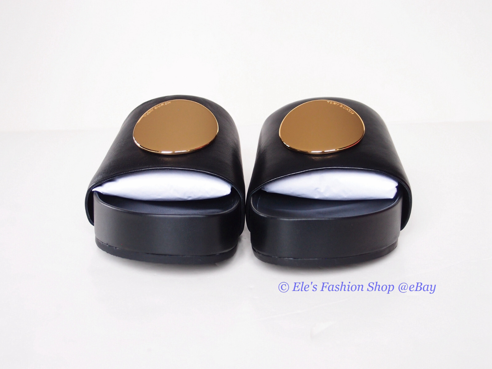 Pre-owned Tory Burch Patos Disk Leather Slides Black Us 8.5 Authentic
