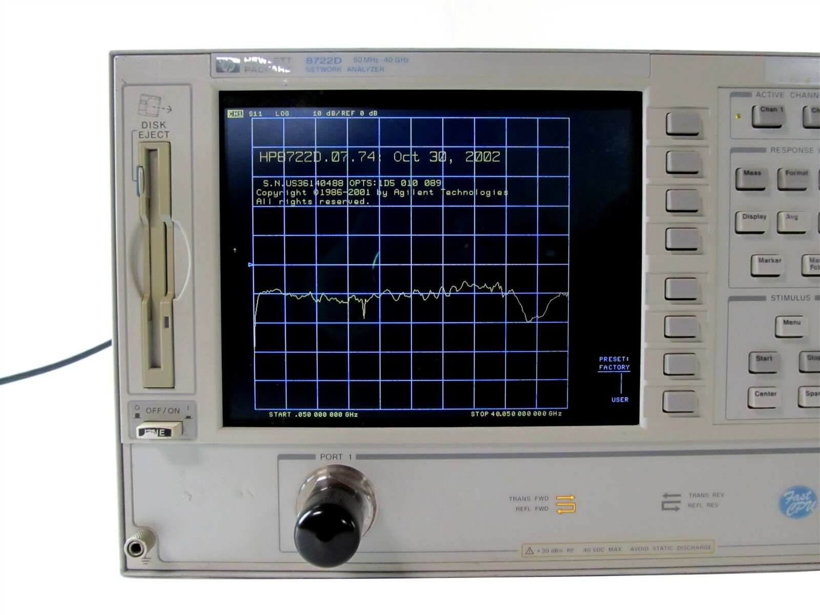 Hewlett Packard HP 8722D Microwave Network Analyzer 50MHz-40Ghz OPTS 1D5 010 089