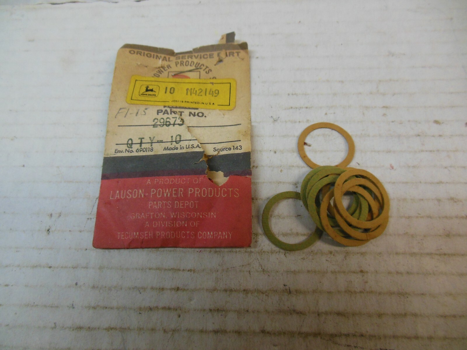 JOHN DEERE TECUMSEH ENGINE POWER EQUIPMENT OIL FILLER PLUG GASKET M42149 29673