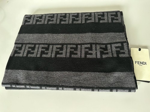 Pre-owned Fendi $470  Ff Logo Wool Black/grey Scarf 12w X 73.5l Fxs124 Italy In Gray