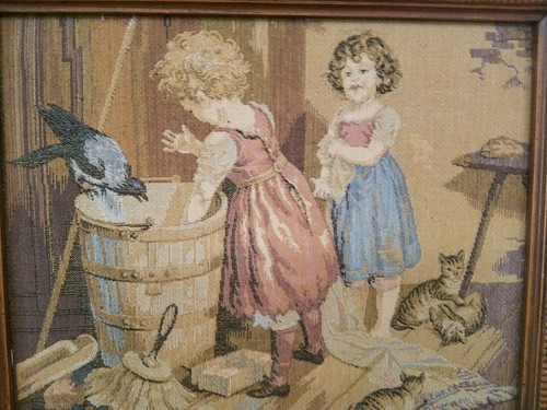 Framed Vintage Tapestry Artist Deoff of little girls and kittens