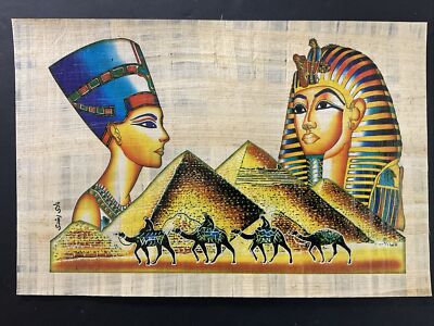 Rare Authentic Hand Painted Egyptian Papyrus -Tut -Nefertiti-Pyramids-8x12 