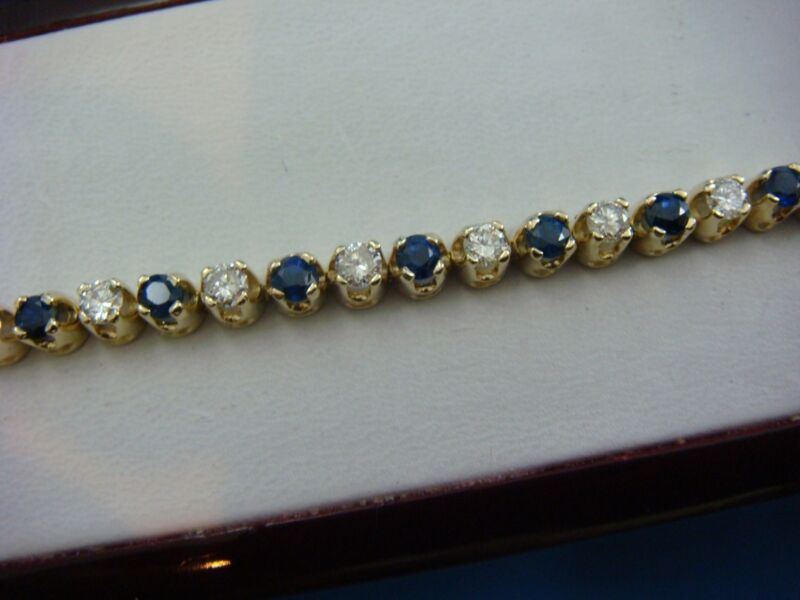  5 Carat Genuine Sapphires And Diamonds Tennis Bracelet 14k Yellow Gold, 7" Long