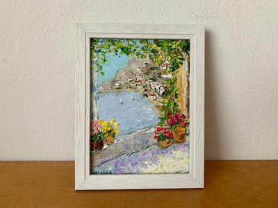 Terrasse Mit Blumen Ölgemälde auf Malkarton Original Italien Landschaft Gemälde