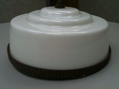 Vintage WHITE GLASS CEILING LIGHT with SCALLOPED METAL Outer Ring Mid Century